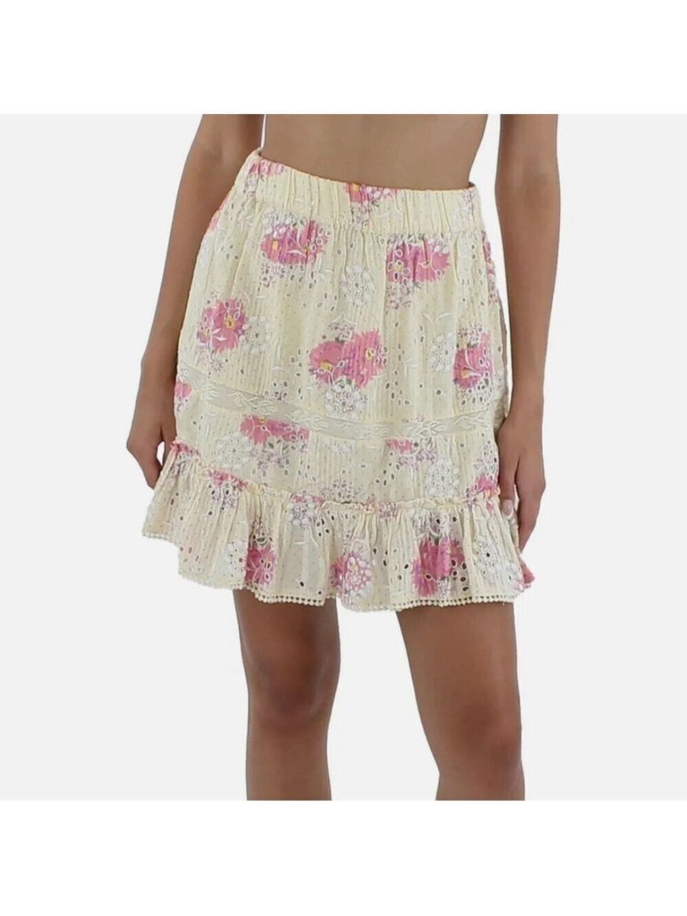Walter Baker Womens Peony Eyelet Yellow Floral Ruffles Mini Skirt Large